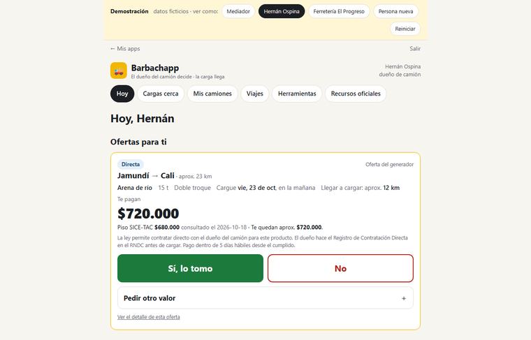 La pantalla «Hoy» del dueño del camión, con una oferta de flete, el piso SICE-TAC y los botones Sí y No