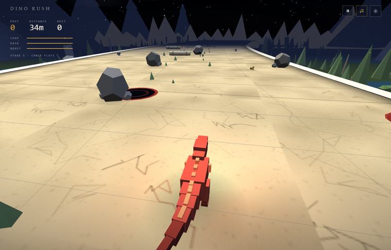 Dino Rush en marcha: el T-rex corre entre rocas y un foso