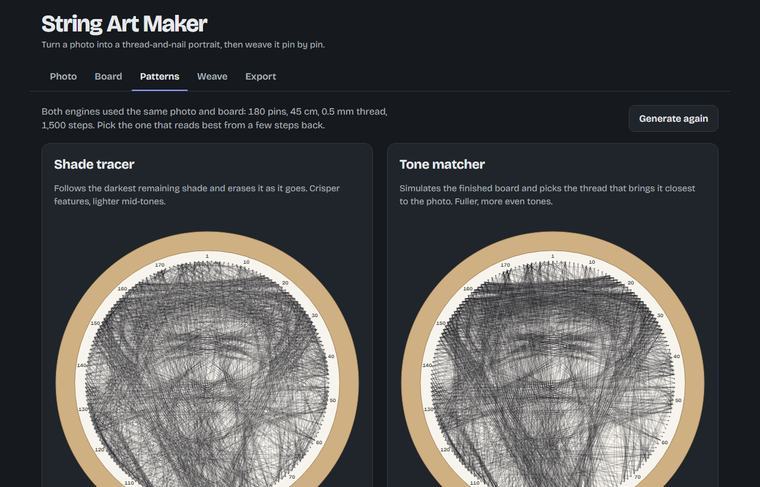 Los dos motores de String Art Maker generando el mismo retrato lado a lado