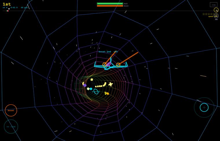 Una carrera de Vector Drift en curso, primero de seis, con un boost pad por delante